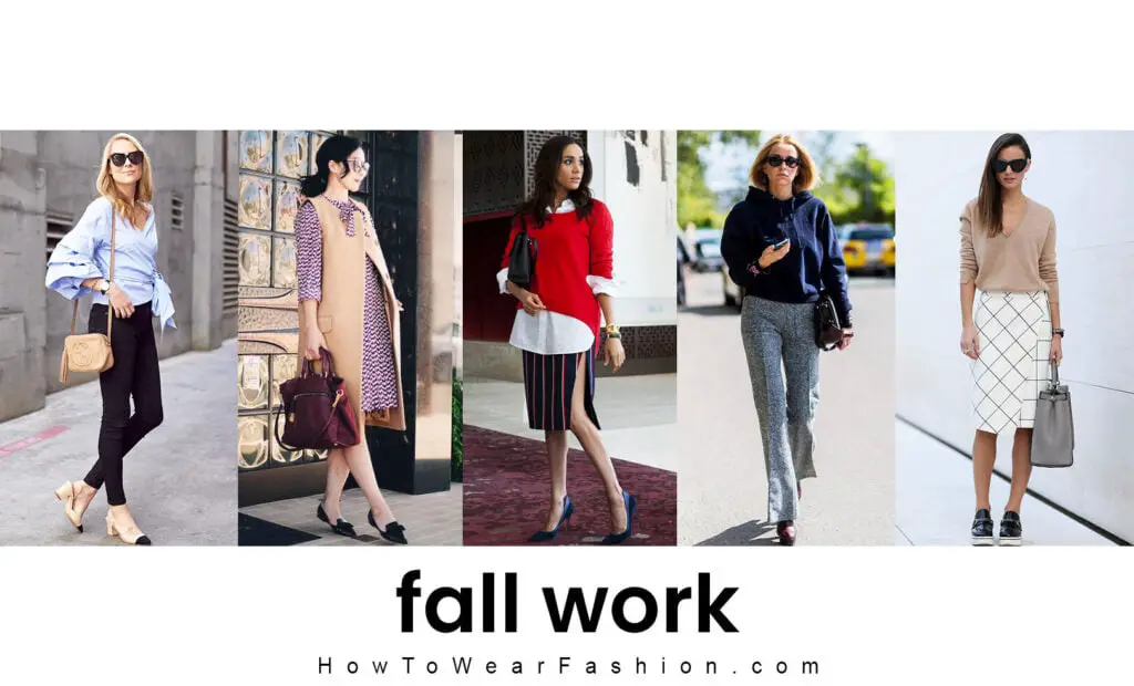 Autumn office wear for women, Black heels, Patterned skirt, white Paloma shirt and red sweater 