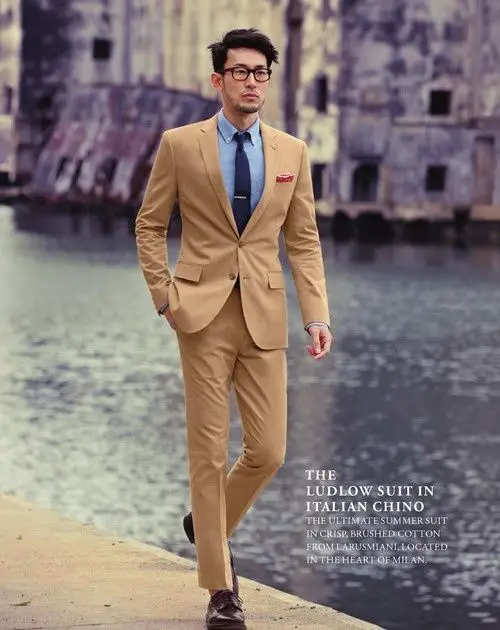 A brown chino suit, summer office wear for men